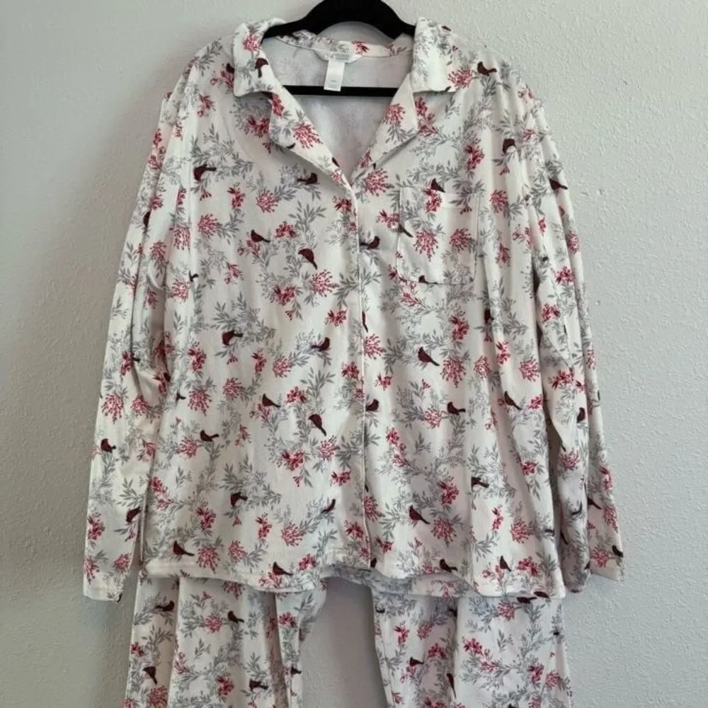 Adonna Womens Sleepwear Pajama Set XXL 2XL White Cardinal Bird Long Pants